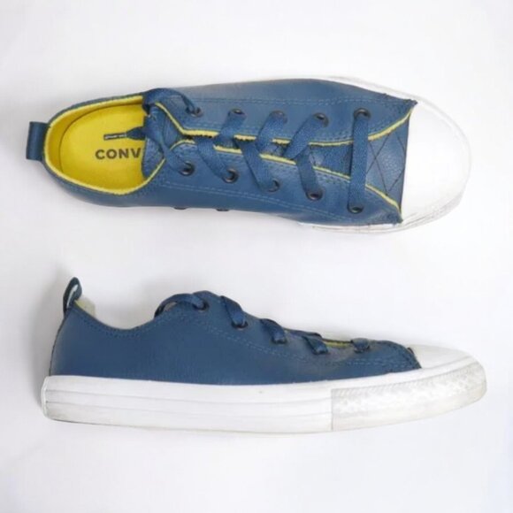 Converse Chuck Taylor All Star Leather Low Tops Boys Size 4 Blue Yellow 662300C - Picture 2 of 8